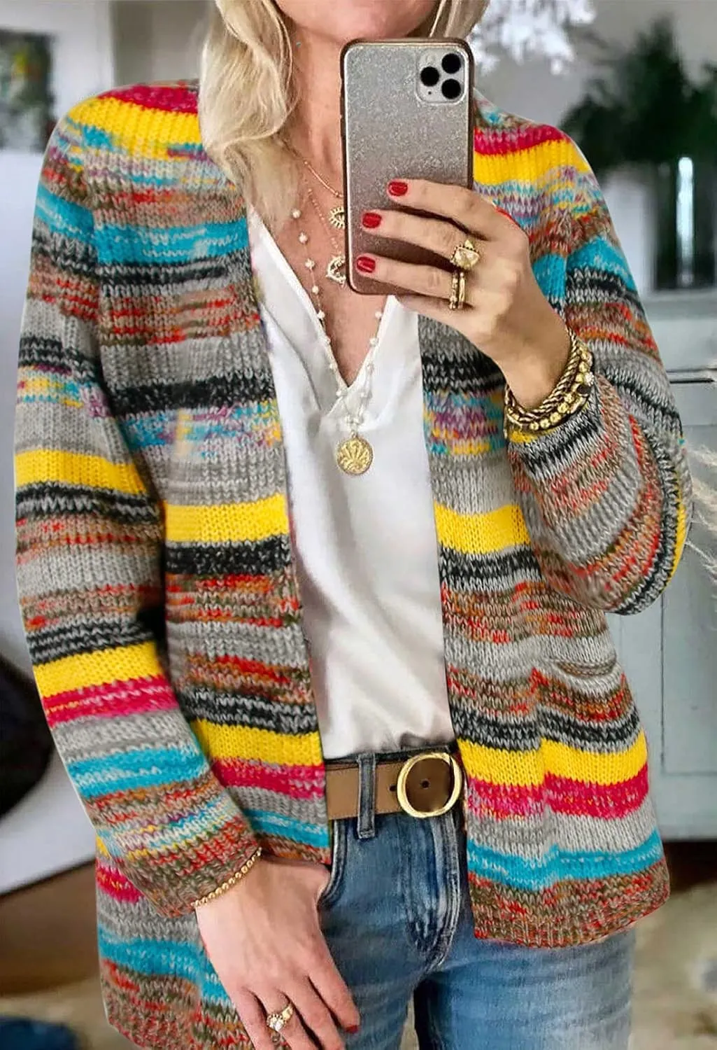 Womens Rainbow Cardigan Sweater Long Sleeve Multicolor Striped Sweater Open Front Knitwear Coat Y2K Streetwear