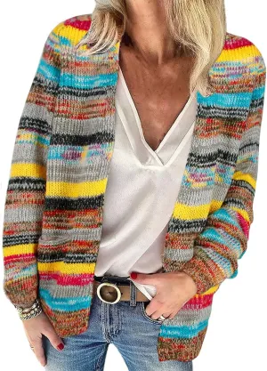 Womens Rainbow Cardigan Sweater Long Sleeve Multicolor Striped Sweater Open Front Knitwear Coat Y2K Streetwear