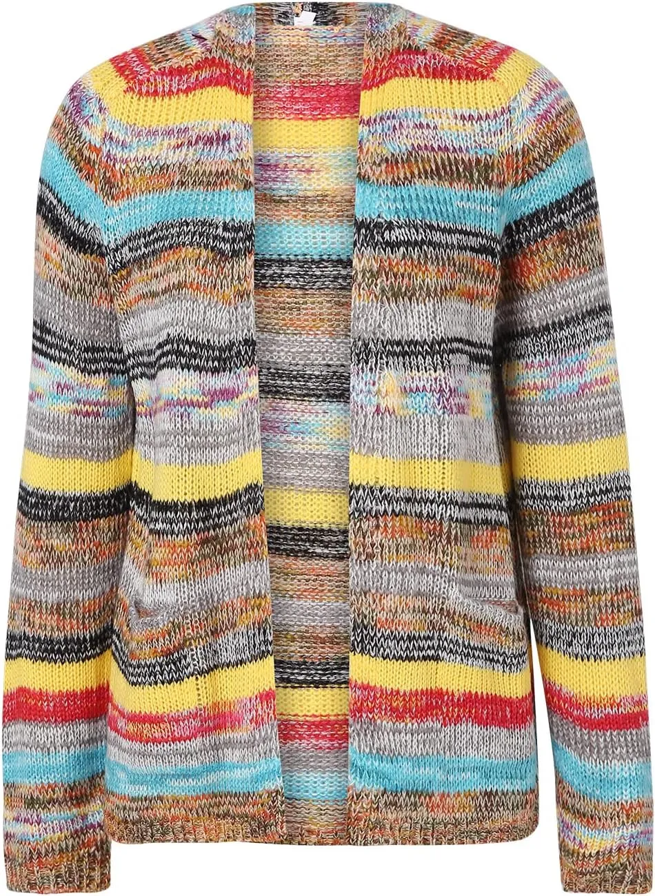 Womens Rainbow Cardigan Sweater Long Sleeve Multicolor Striped Sweater Open Front Knitwear Coat Y2K Streetwear