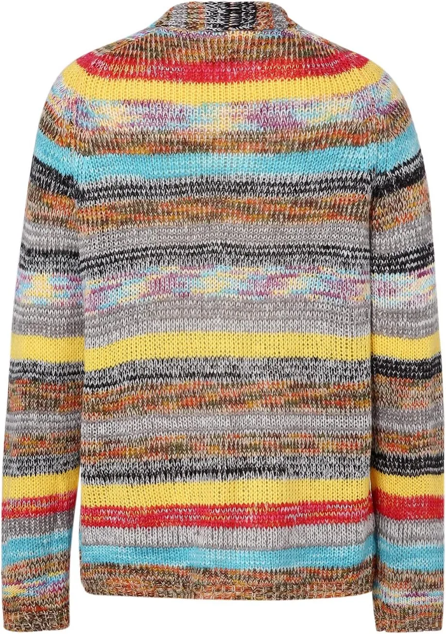 Womens Rainbow Cardigan Sweater Long Sleeve Multicolor Striped Sweater Open Front Knitwear Coat Y2K Streetwear
