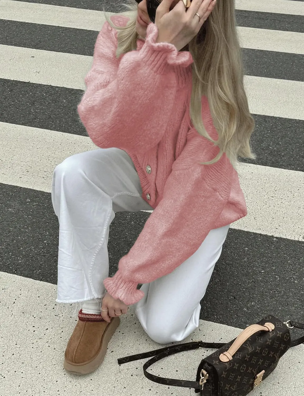 Womens Ruffle Cuff Cardigan Button Up Ribbed Floral Collar Open Front Long Sleeve Loose Knitwear Sweater