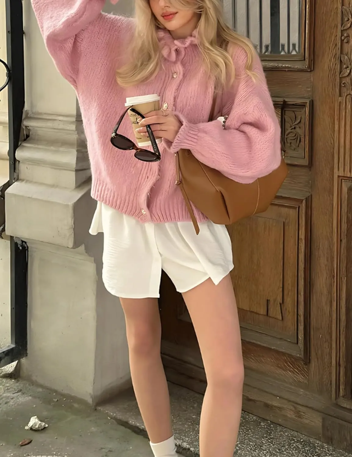 Womens Ruffle Cuff Cardigan Button Up Ribbed Floral Collar Open Front Long Sleeve Loose Knitwear Sweater