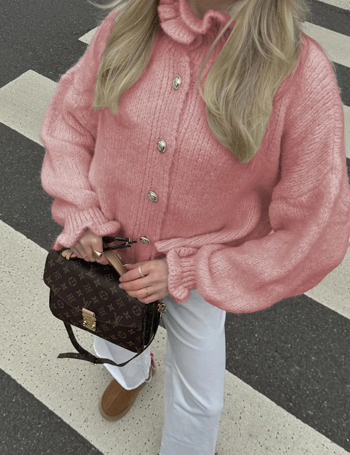 Womens Ruffle Cuff Cardigan Button Up Ribbed Floral Collar Open Front Long Sleeve Loose Knitwear Sweater