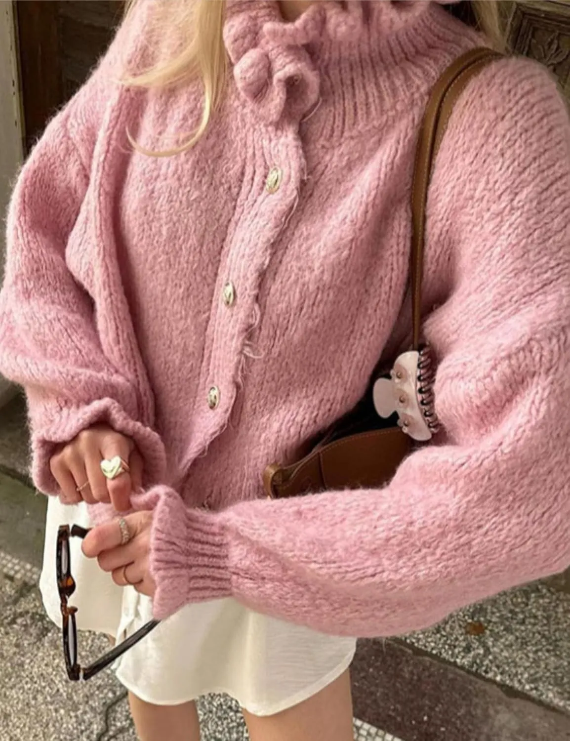 Womens Ruffle Cuff Cardigan Button Up Ribbed Floral Collar Open Front Long Sleeve Loose Knitwear Sweater