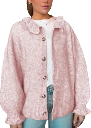 Womens Ruffle Cuff Cardigan Button Up Ribbed Floral Collar Open Front Long Sleeve Loose Knitwear Sweater