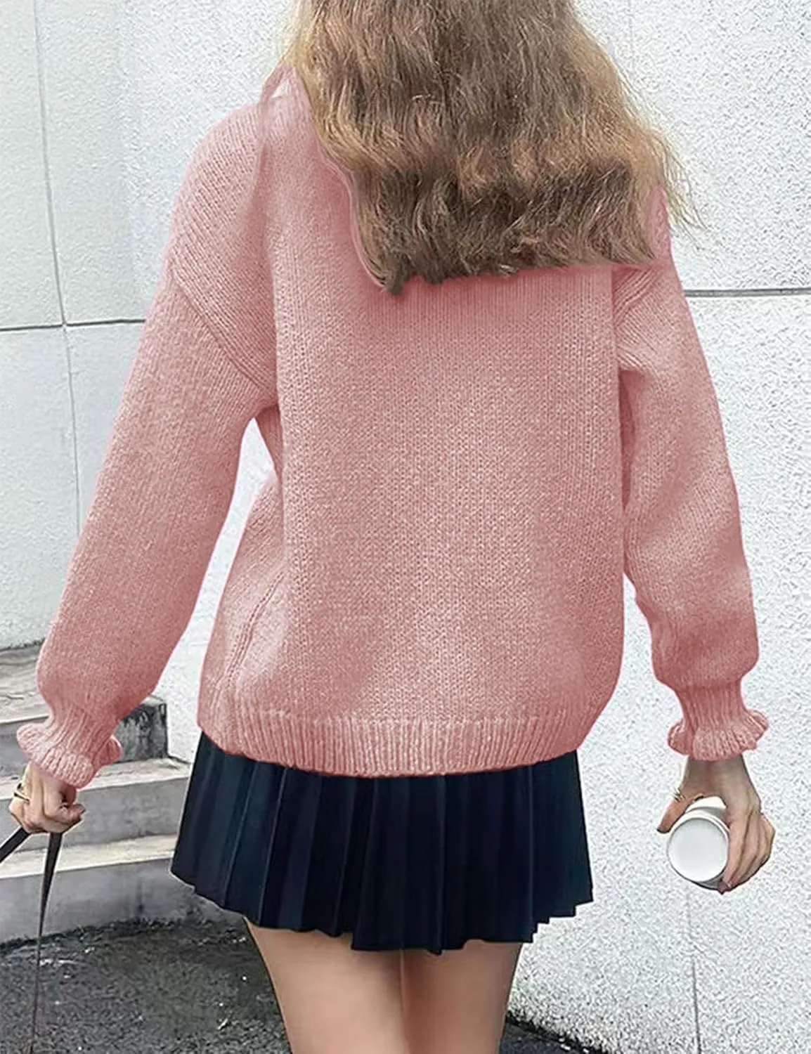 Womens Ruffle Cuff Cardigan Button Up Ribbed Floral Collar Open Front Long Sleeve Loose Knitwear Sweater