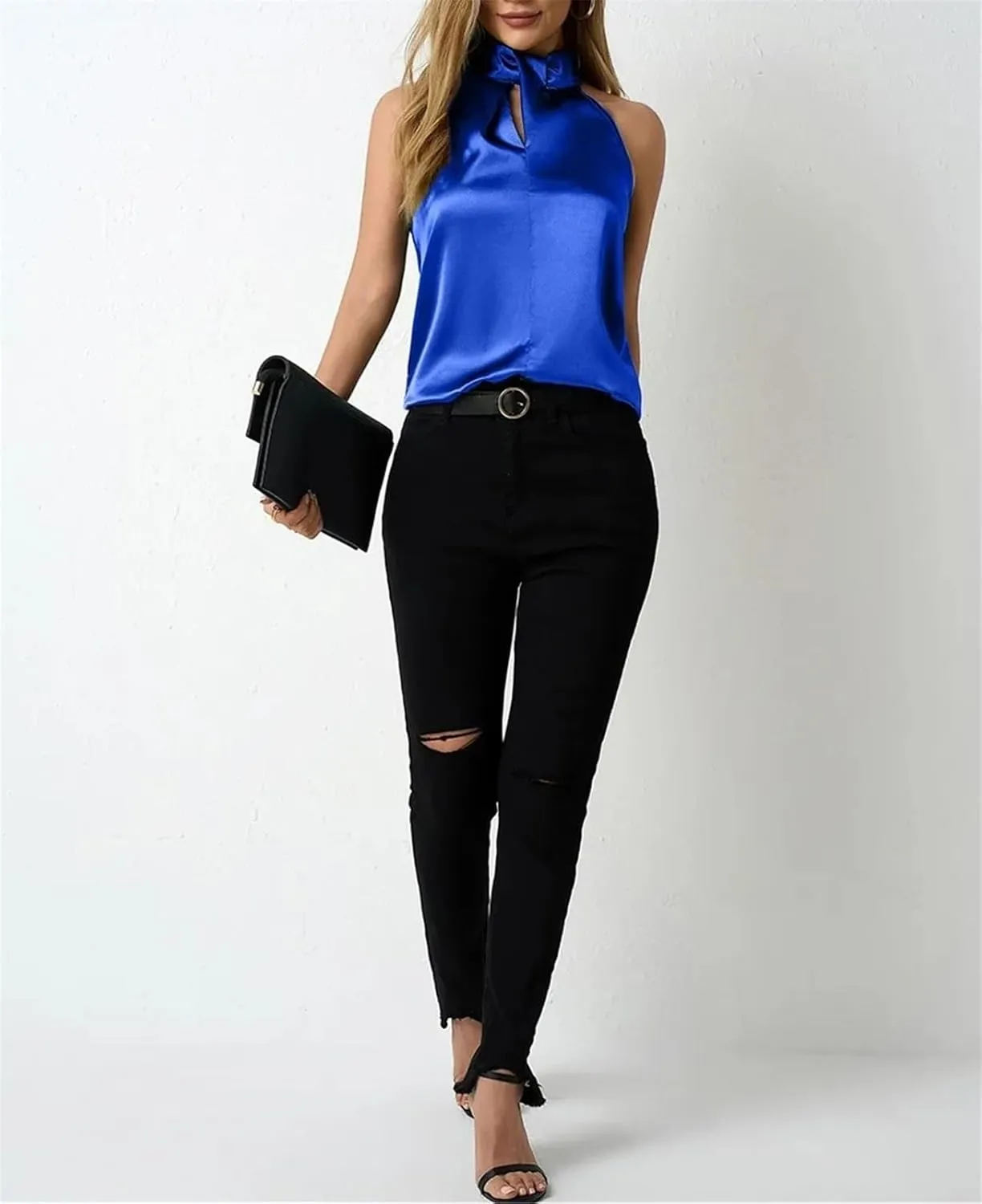 Women's Satin Halter Tank Spring Summer Casual Camisole Sleeveless Button Top