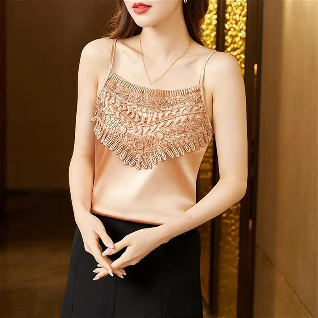 Women's Sexy Camisole Top with Patchwork Lace Design for Spring and Summer