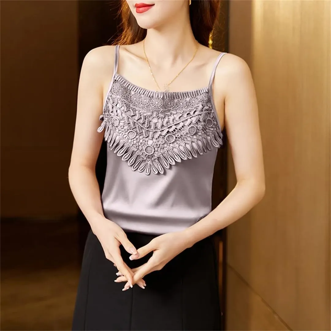Women's Sexy Camisole Top with Patchwork Lace Design for Spring and Summer