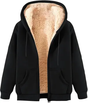 Women's Sherpa Lined Fleece Hooded Sweatshirts Long Sleeve Full Zipper Pullover Fashion Warm Sweatshirt