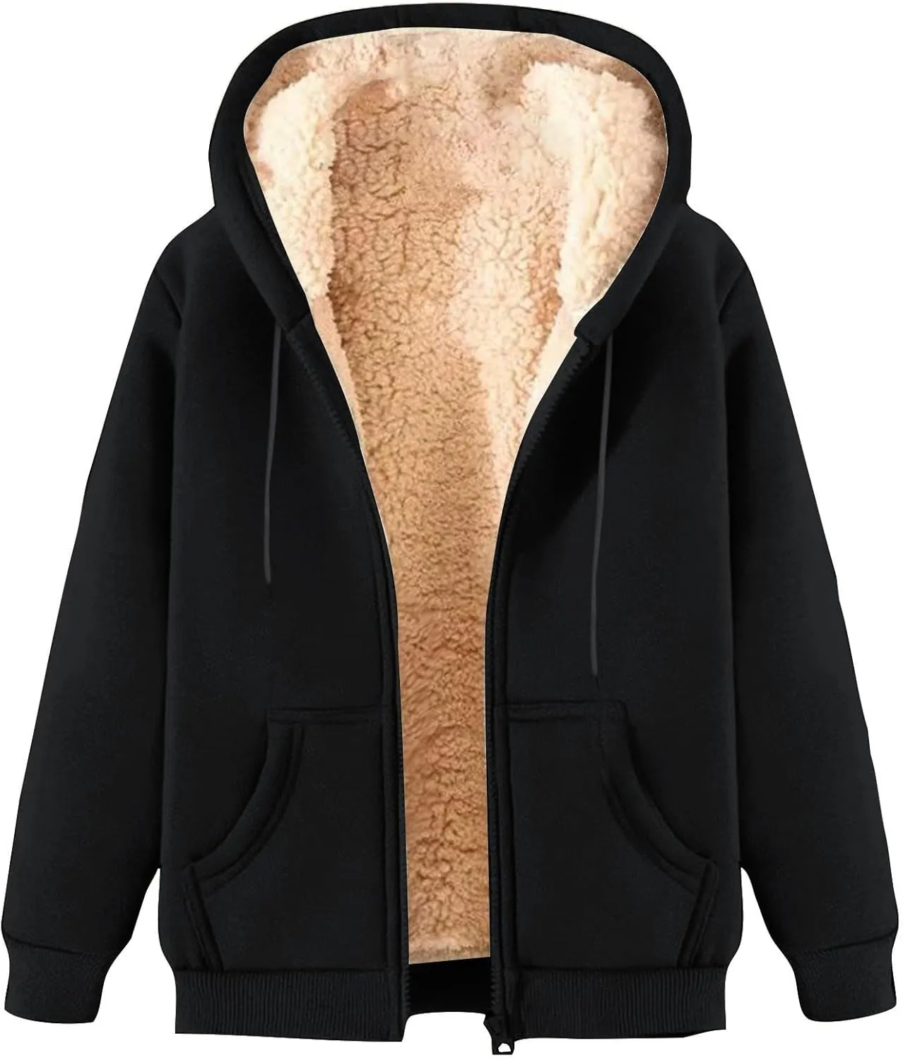 Women's Sherpa Lined Fleece Hooded Sweatshirts Long Sleeve Full Zipper Pullover Fashion Warm Sweatshirt
