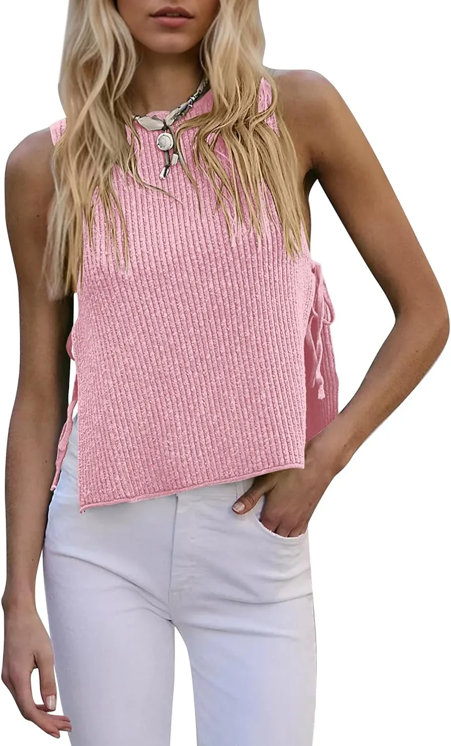 Womens Sleeveless Ribbed Knit Sweater Tank Top Split Tie Side Crew Neck Vest Shirt Beach Vacation Y2k Going Out Tops
