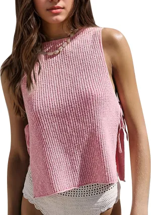 Womens Sleeveless Ribbed Knit Sweater Tank Top Split Tie Side Crew Neck Vest Shirt Beach Vacation Y2k Going Out Tops