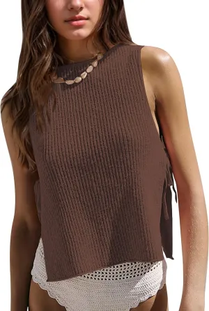 Womens Sleeveless Ribbed Knit Sweater Tank Top Split Tie Side Crew Neck Vest Shirt Beach Vacation Y2k Going Out Tops
