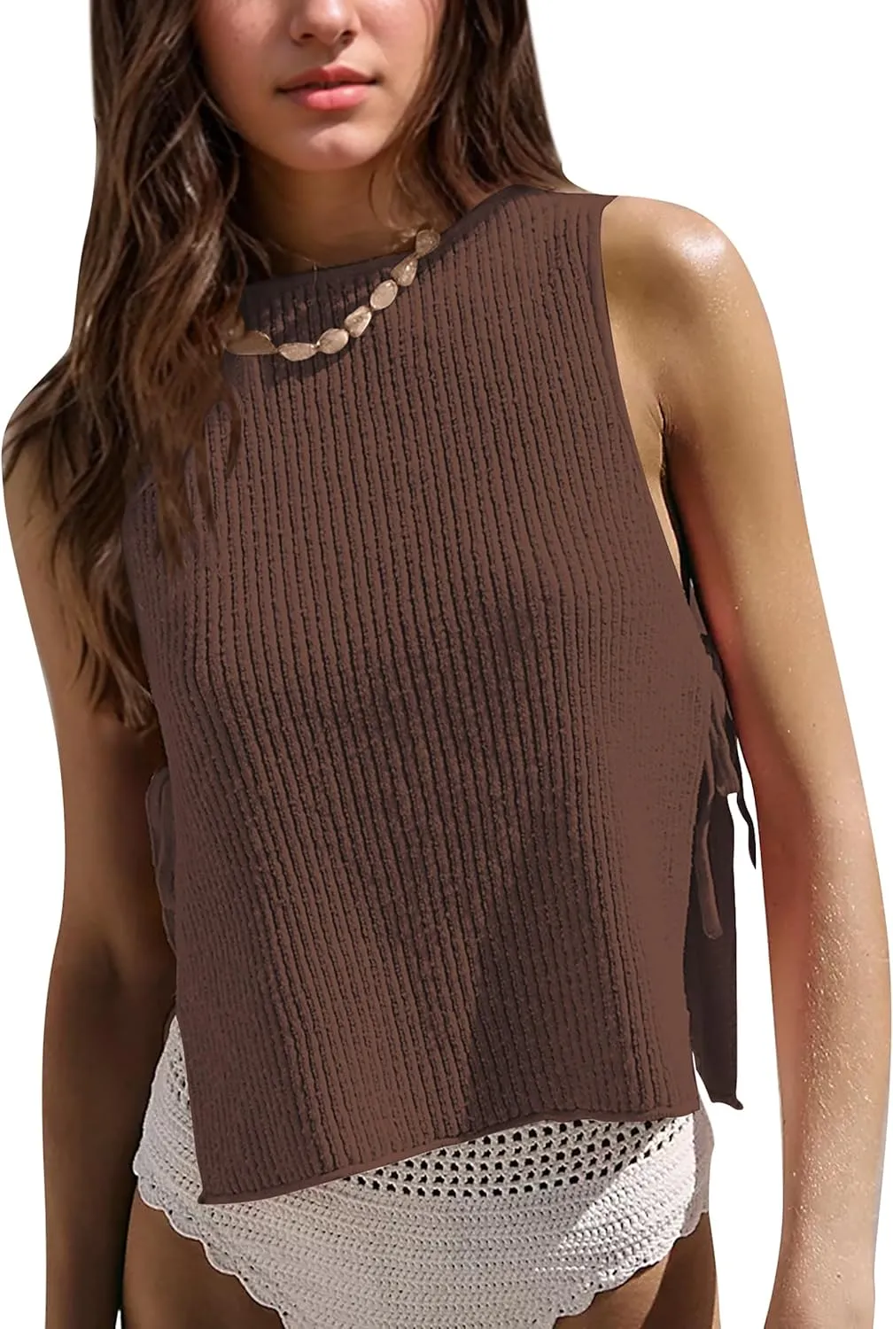 Womens Sleeveless Ribbed Knit Sweater Tank Top Split Tie Side Crew Neck Vest Shirt Beach Vacation Y2k Going Out Tops