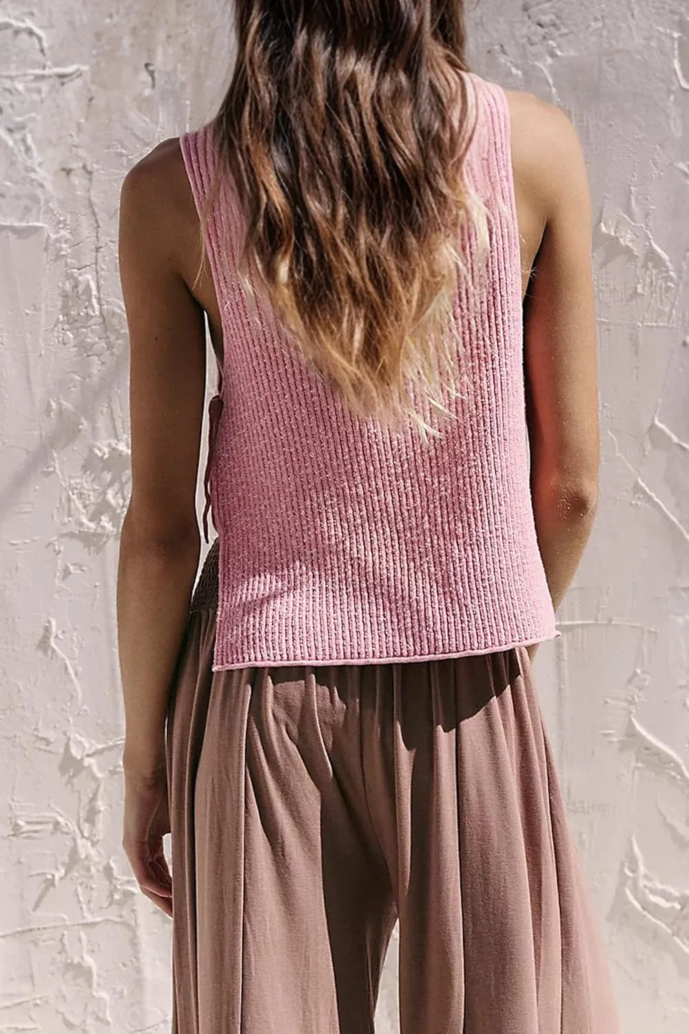 Womens Sleeveless Ribbed Knit Sweater Tank Top Split Tie Side Crew Neck Vest Shirt Beach Vacation Y2k Going Out Tops