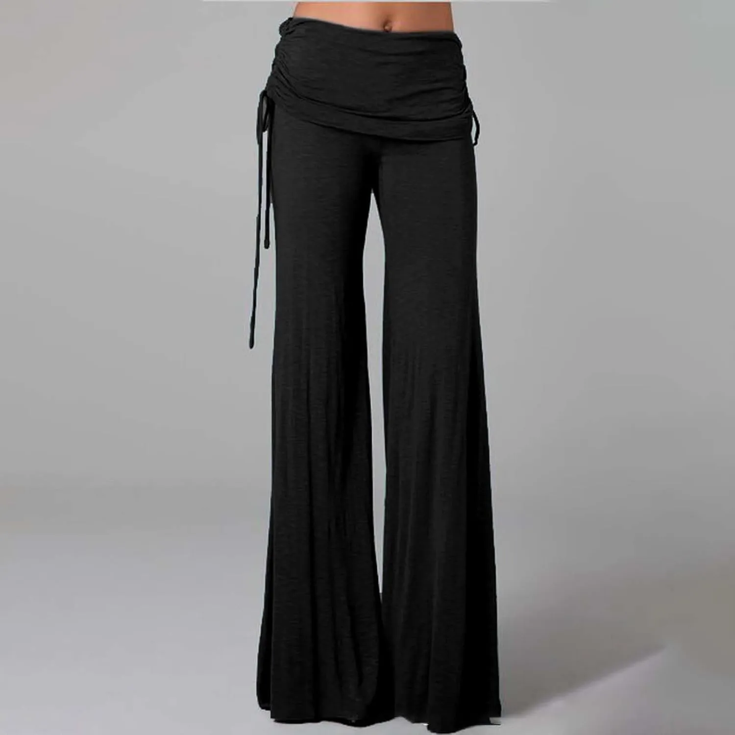 Womens Soft Comfy Yoga Pants Pleated Fold Waist Lacing Flowy Wide Leg Trousers Casual Loose Gym Fitness Workout Dance Pants