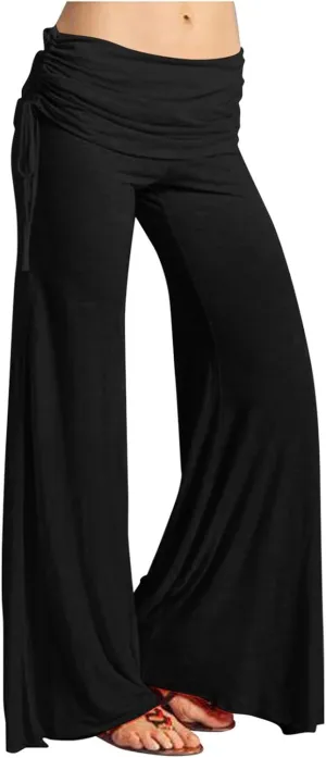 Womens Soft Comfy Yoga Pants Pleated Fold Waist Lacing Flowy Wide Leg Trousers Casual Loose Gym Fitness Workout Dance Pants