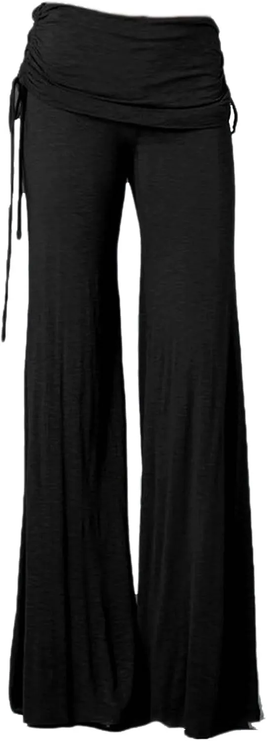 Womens Soft Comfy Yoga Pants Pleated Fold Waist Lacing Flowy Wide Leg Trousers Casual Loose Gym Fitness Workout Dance Pants