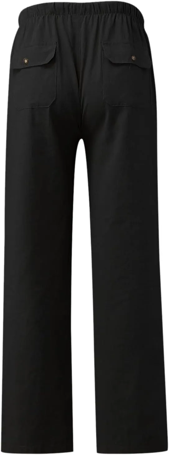 Womens Solid Color Cotton Linen Pants Summer Wide Leg Casual Loose Drawstring High Waist Palazzo Pants Vacation Yoga Trousers