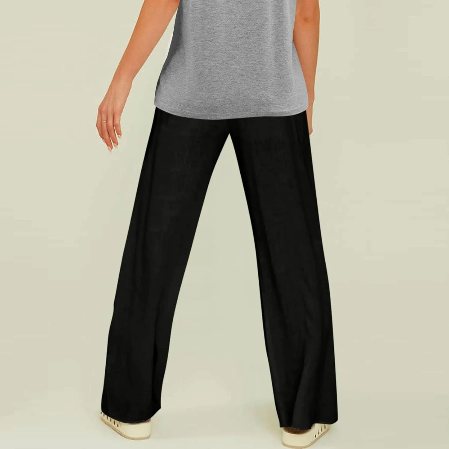 Womens Solid Color Cotton Linen Pants Summer Wide Leg Casual Loose Drawstring High Waist Palazzo Pants Vacation Yoga Trousers