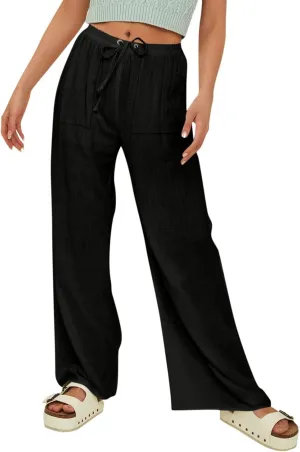 Womens Solid Color Cotton Linen Pants Summer Wide Leg Casual Loose Drawstring High Waist Palazzo Pants Vacation Yoga Trousers