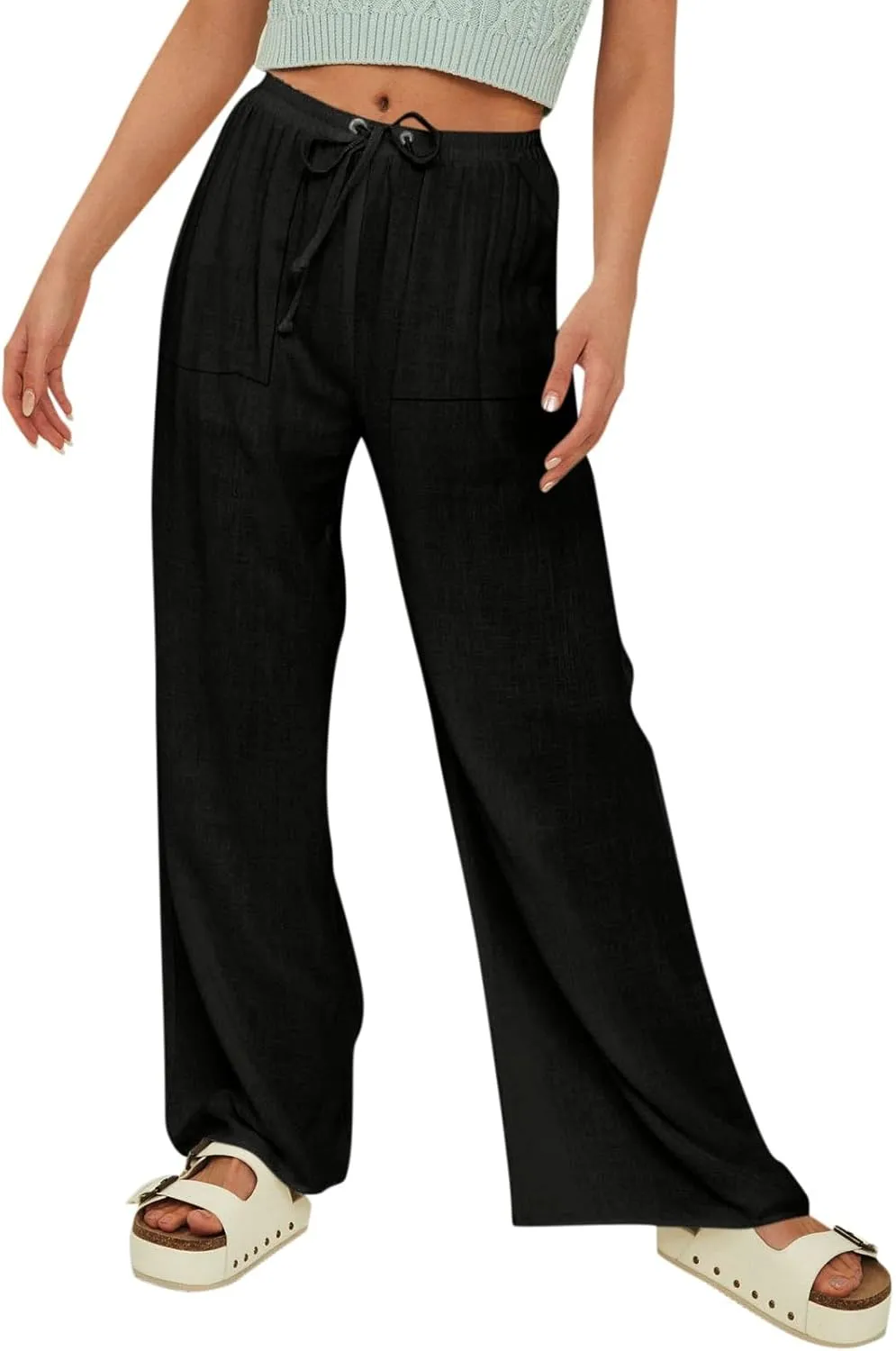 Womens Solid Color Cotton Linen Pants Summer Wide Leg Casual Loose Drawstring High Waist Palazzo Pants Vacation Yoga Trousers
