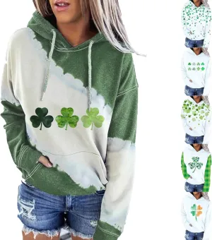 Womens St. Patrick's Day Clover Print Hoodie Casual Long Sleeve Sweatshirt Irish Shamrock Pullover Oversized Shirts Tops