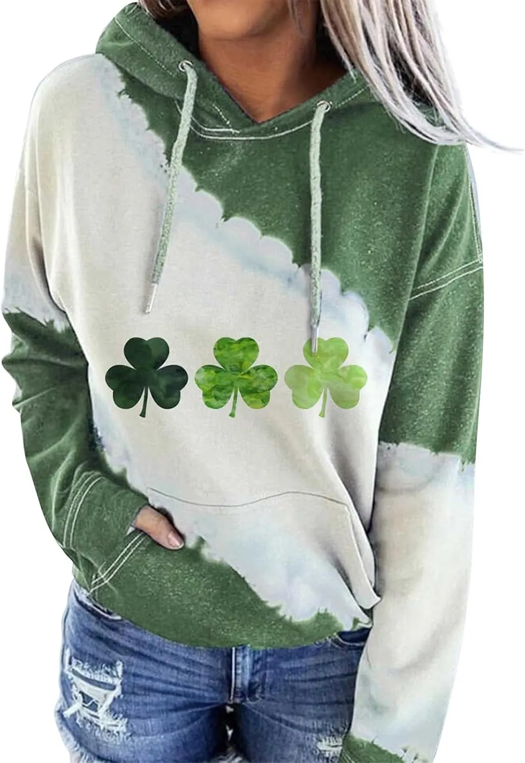Womens St. Patrick's Day Clover Print Hoodie Casual Long Sleeve Sweatshirt Irish Shamrock Pullover Oversized Shirts Tops