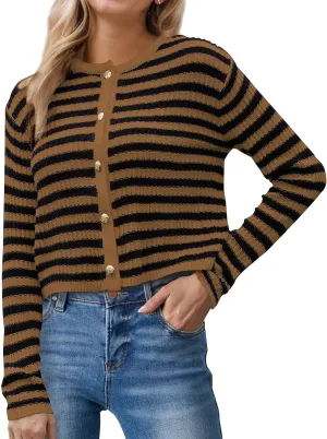 Womens Striped Cardigan Sweaters Button up Long Sleeve Fall Outfits Knit Sweater Cropped Cardigans Casual Jacket Coat