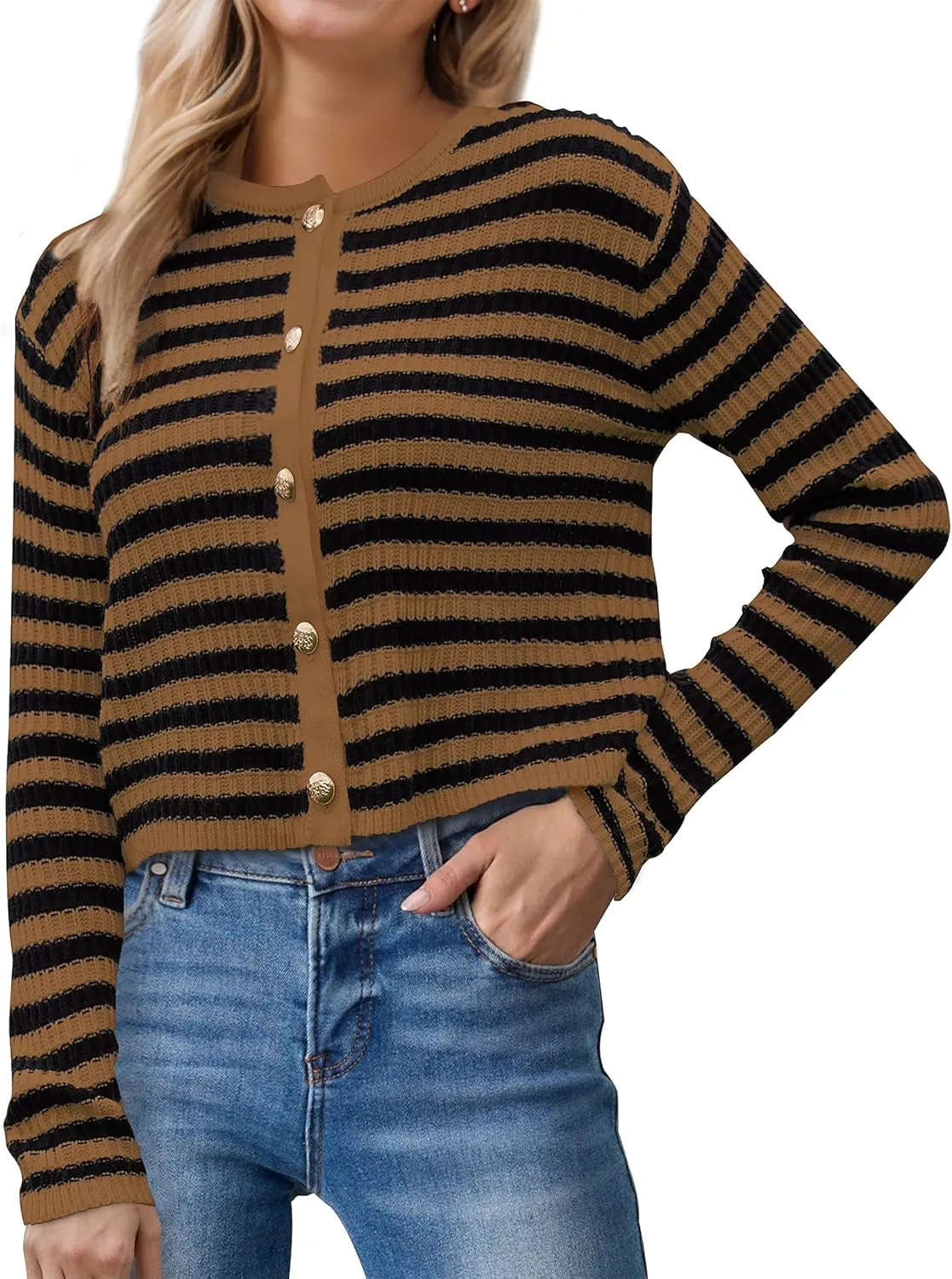 Womens Striped Cardigan Sweaters Button up Long Sleeve Fall Outfits Knit Sweater Cropped Cardigans Casual Jacket Coat