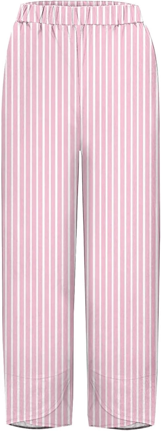 Women's Striped Printed Elastic High Waist Wide Leg Cropped Pants Casual Summer Beach Trousers for Women with Pocket