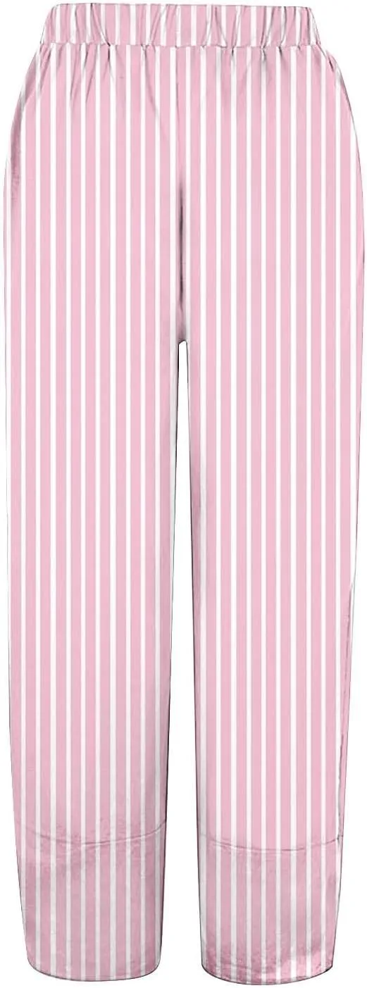 Women's Striped Printed Elastic High Waist Wide Leg Cropped Pants Casual Summer Beach Trousers for Women with Pocket