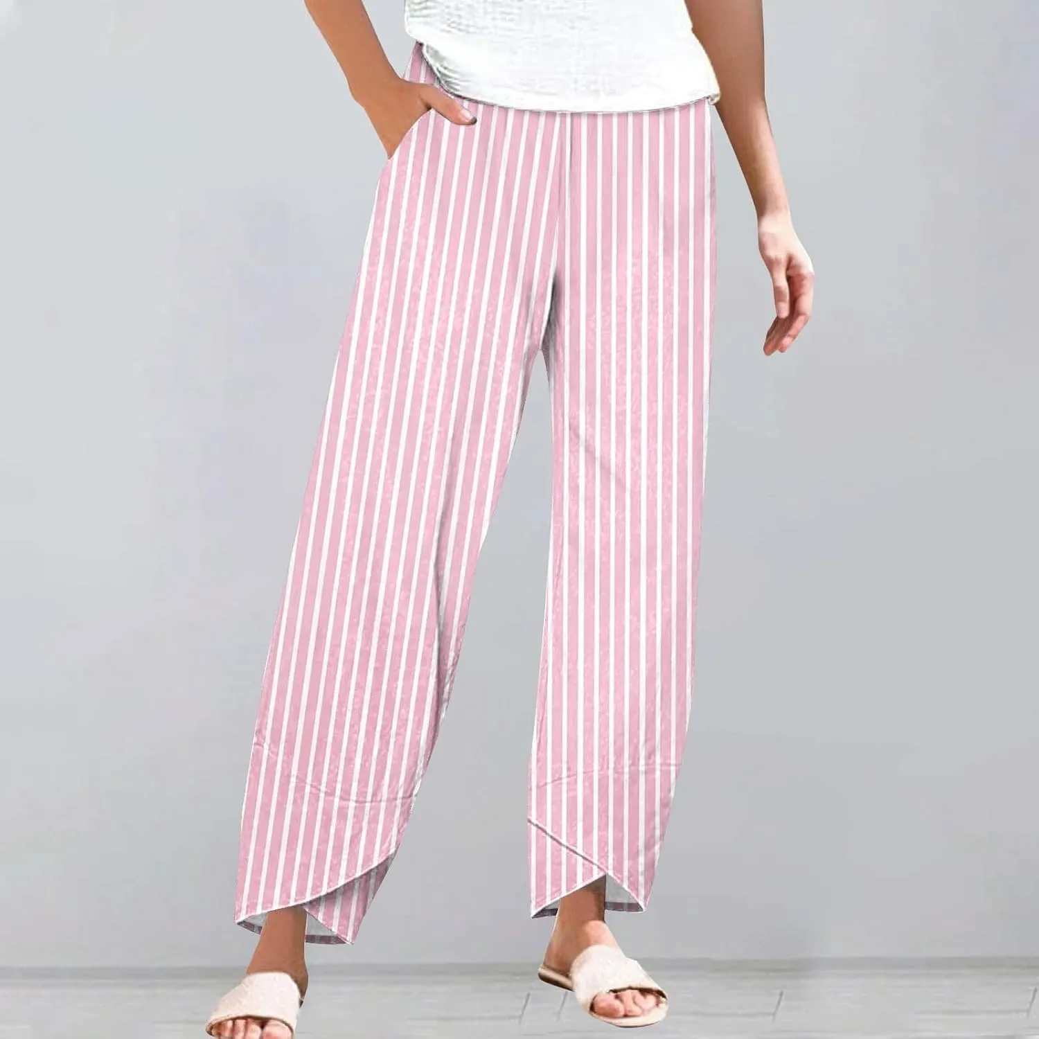Women's Striped Printed Elastic High Waist Wide Leg Cropped Pants Casual Summer Beach Trousers for Women with Pocket