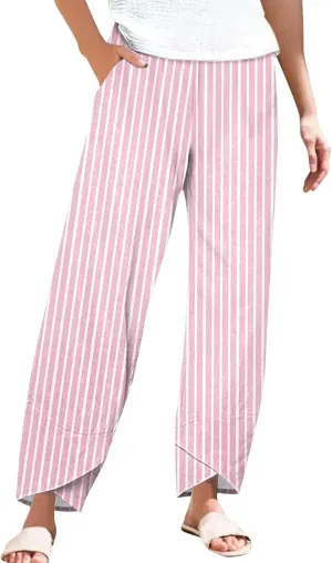 Women's Striped Printed Elastic High Waist Wide Leg Cropped Pants Casual Summer Beach Trousers for Women with Pocket