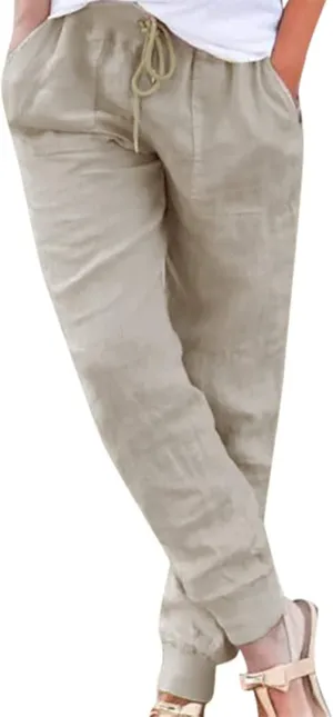 Women's Summer Casual Linen Pants Lounge Comfy Drawstring Cinch Bottom Pants Elastic Waist Beach Trousers with Pocket