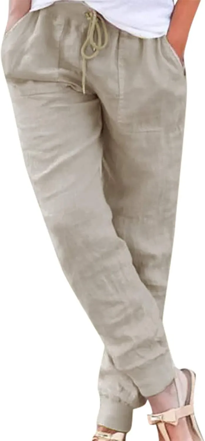 Women's Summer Casual Linen Pants Lounge Comfy Drawstring Cinch Bottom Pants Elastic Waist Beach Trousers with Pocket