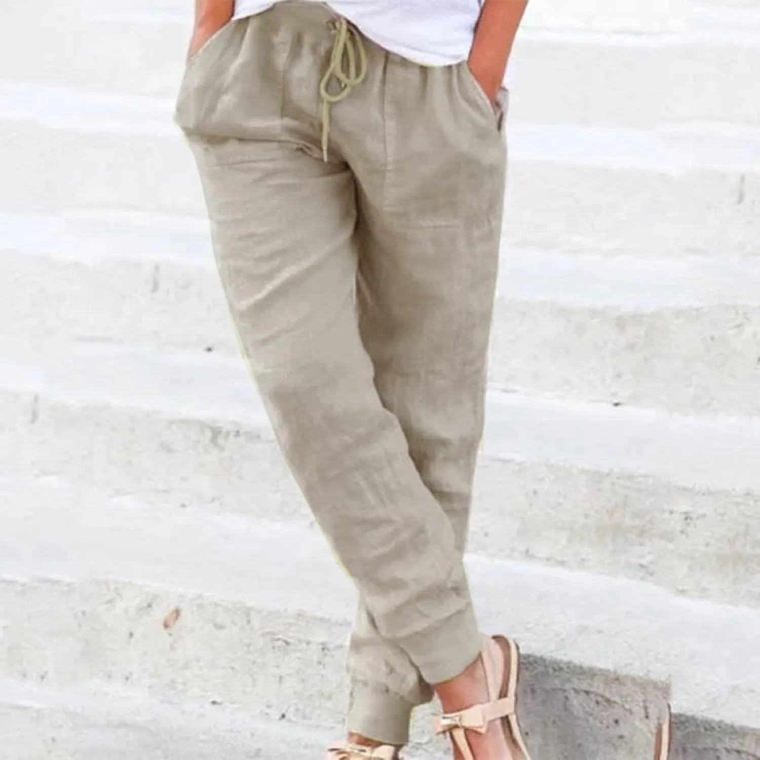 Women's Summer Casual Linen Pants Lounge Comfy Drawstring Cinch Bottom Pants Elastic Waist Beach Trousers with Pocket