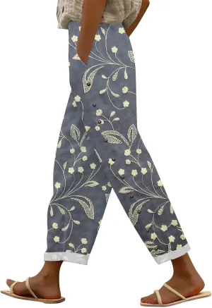 Women's Summer Casual Linen Pants Trousers Side Cropped Pants Loose Casual Printed Petite Summer Beachwear