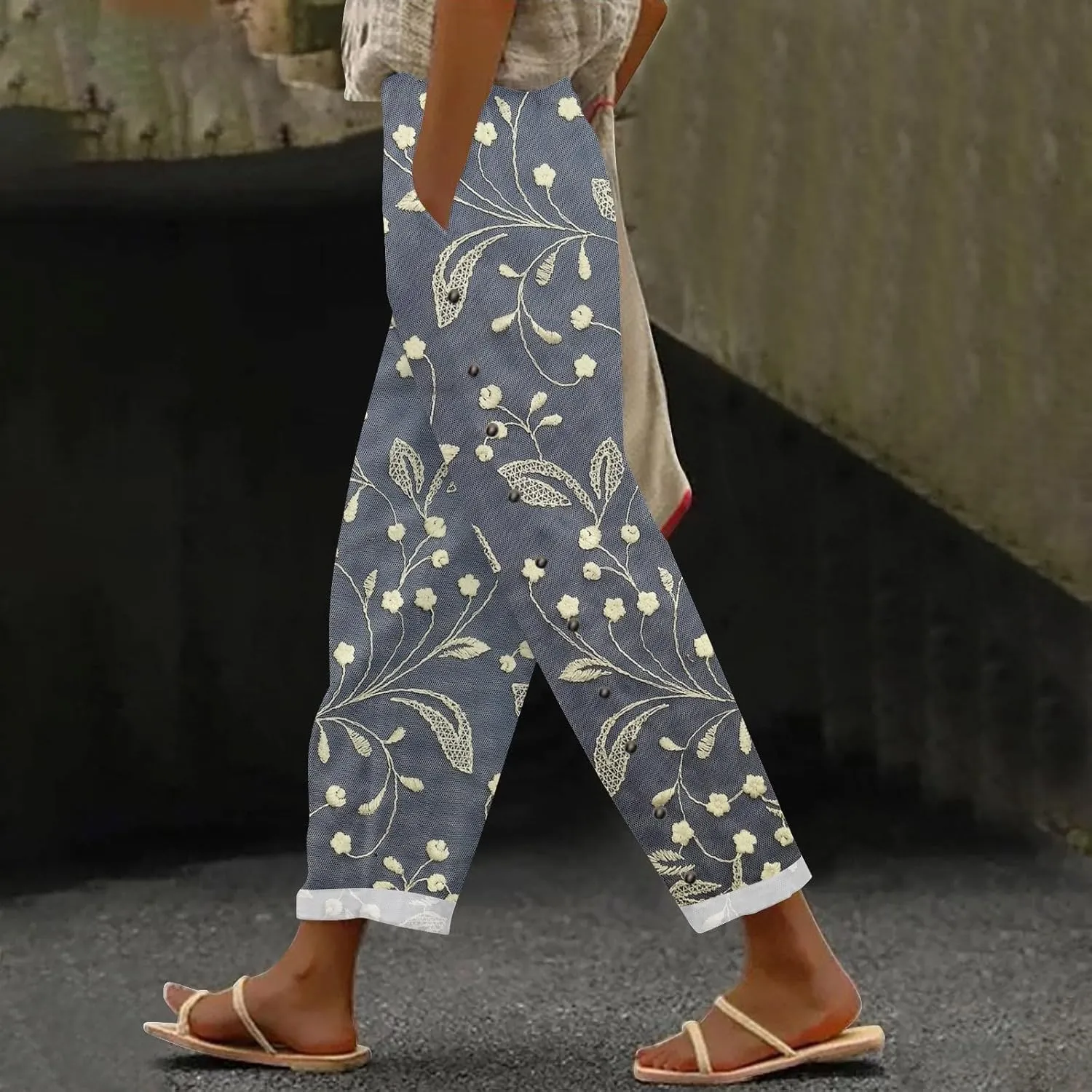Women's Summer Casual Linen Pants Trousers Side Cropped Pants Loose Casual Printed Petite Summer Beachwear