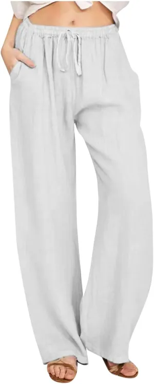 Women's Summer Drawstring Waist Pants Cotton Linen Loose Fit Palazzo Pants 2025 Boho Wide Leg Trousers with Pockets