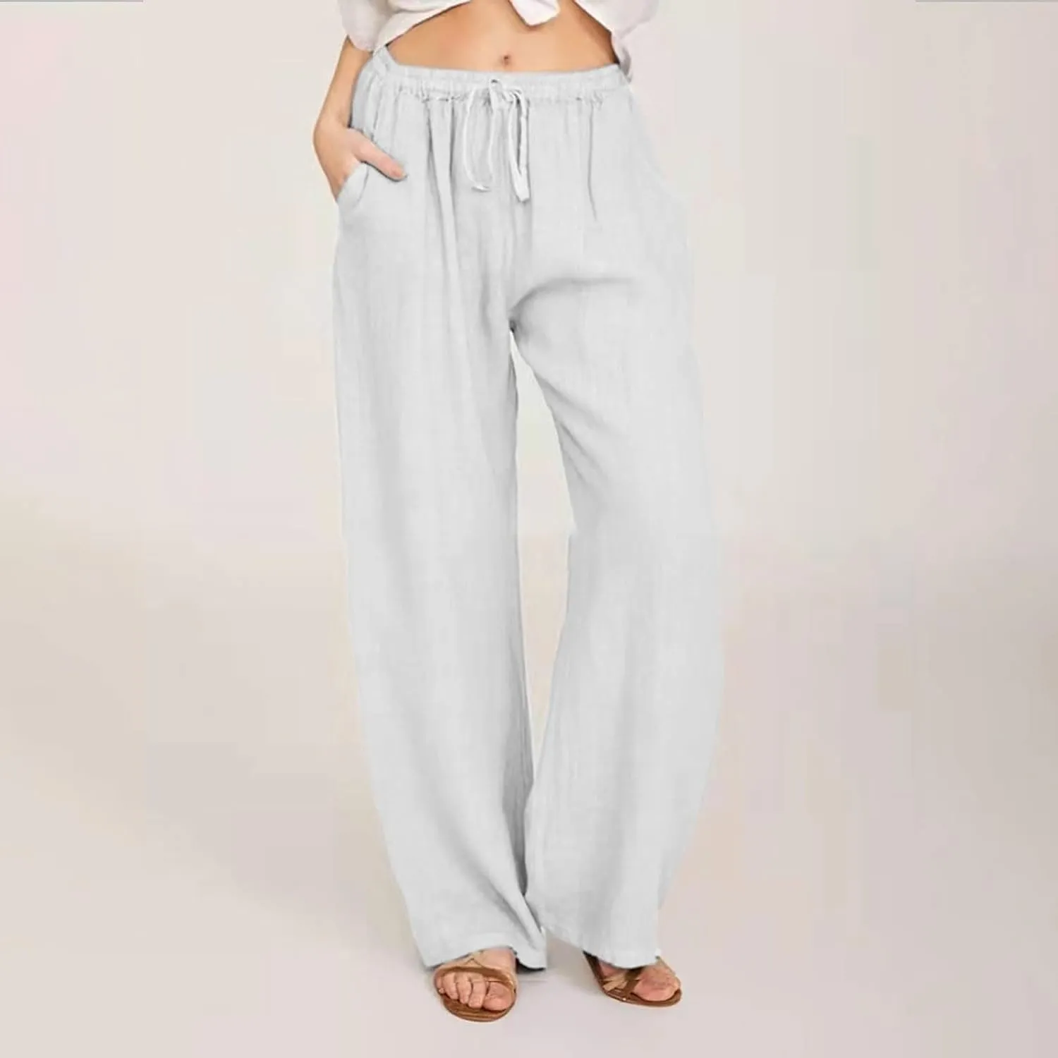 Women's Summer Drawstring Waist Pants Cotton Linen Loose Fit Palazzo Pants 2025 Boho Wide Leg Trousers with Pockets