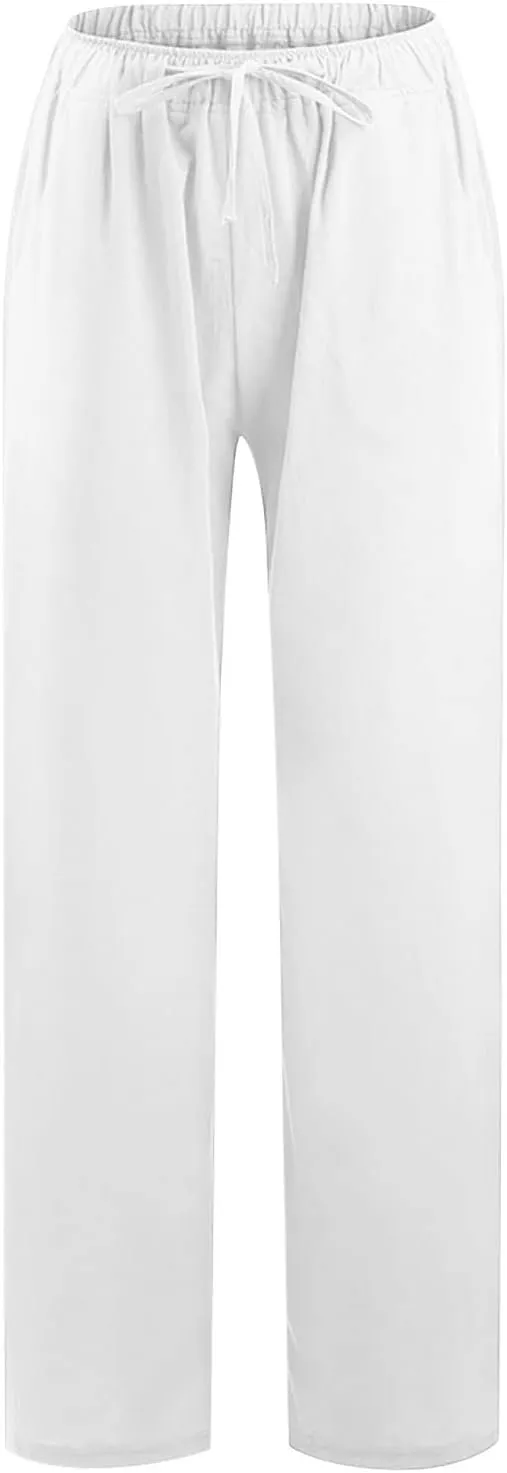 Women's Summer Drawstring Waist Pants Cotton Linen Loose Fit Palazzo Pants 2025 Boho Wide Leg Trousers with Pockets