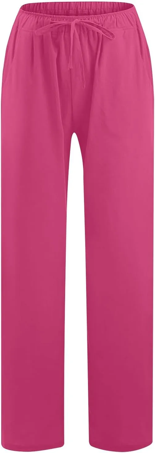 Women's Summer Linen Pants Casual Beach Drawstring Waist Wide Leg Trouser with Pocket Loose Cotton Linen Palazzo Pant