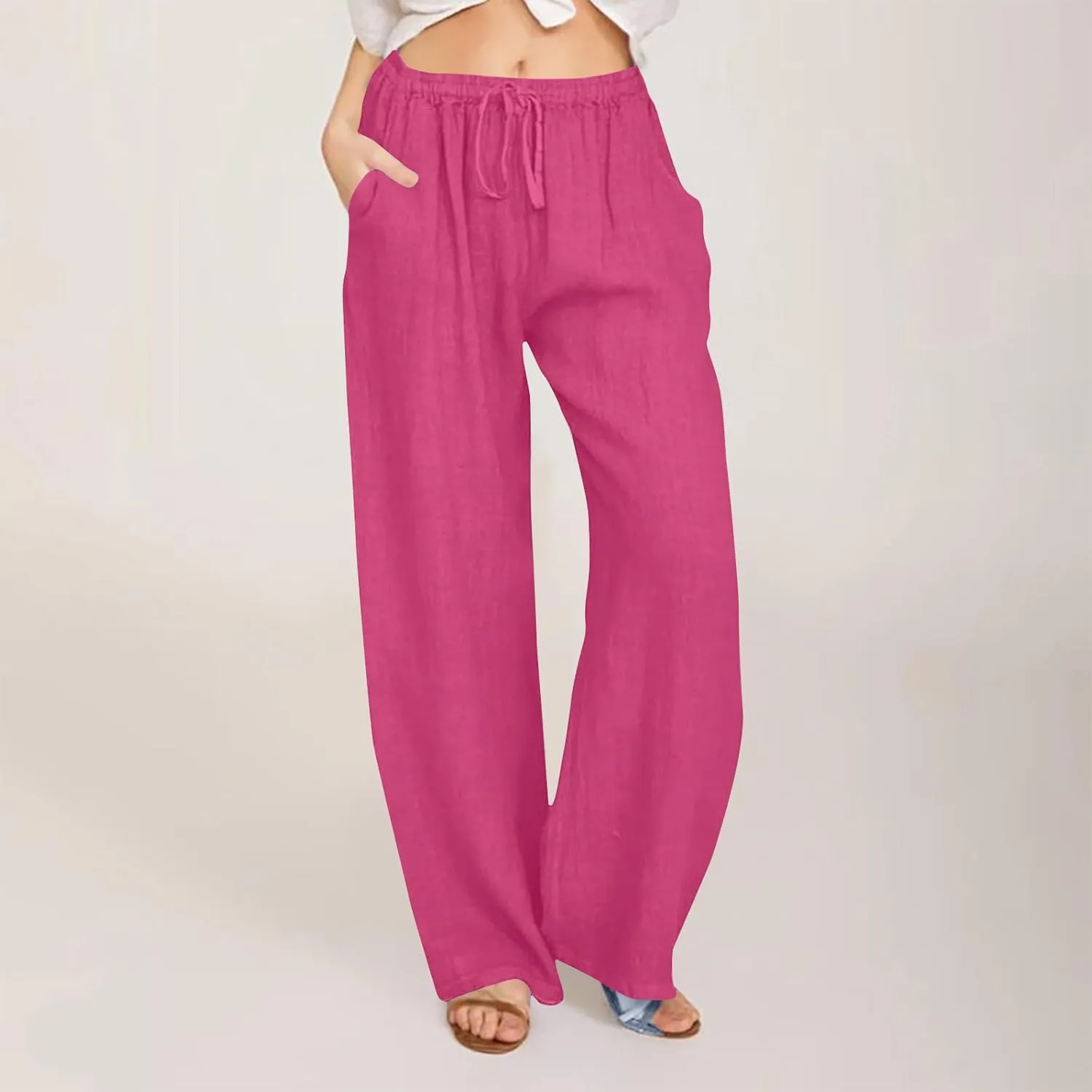 Women's Summer Linen Pants Casual Beach Drawstring Waist Wide Leg Trouser with Pocket Loose Cotton Linen Palazzo Pant
