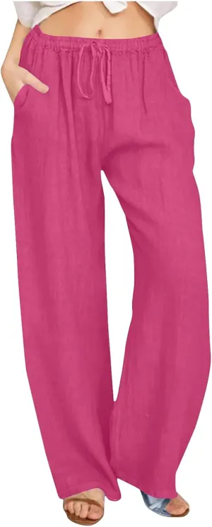 Women's Summer Linen Pants Casual Beach Drawstring Waist Wide Leg Trouser with Pocket Loose Cotton Linen Palazzo Pant