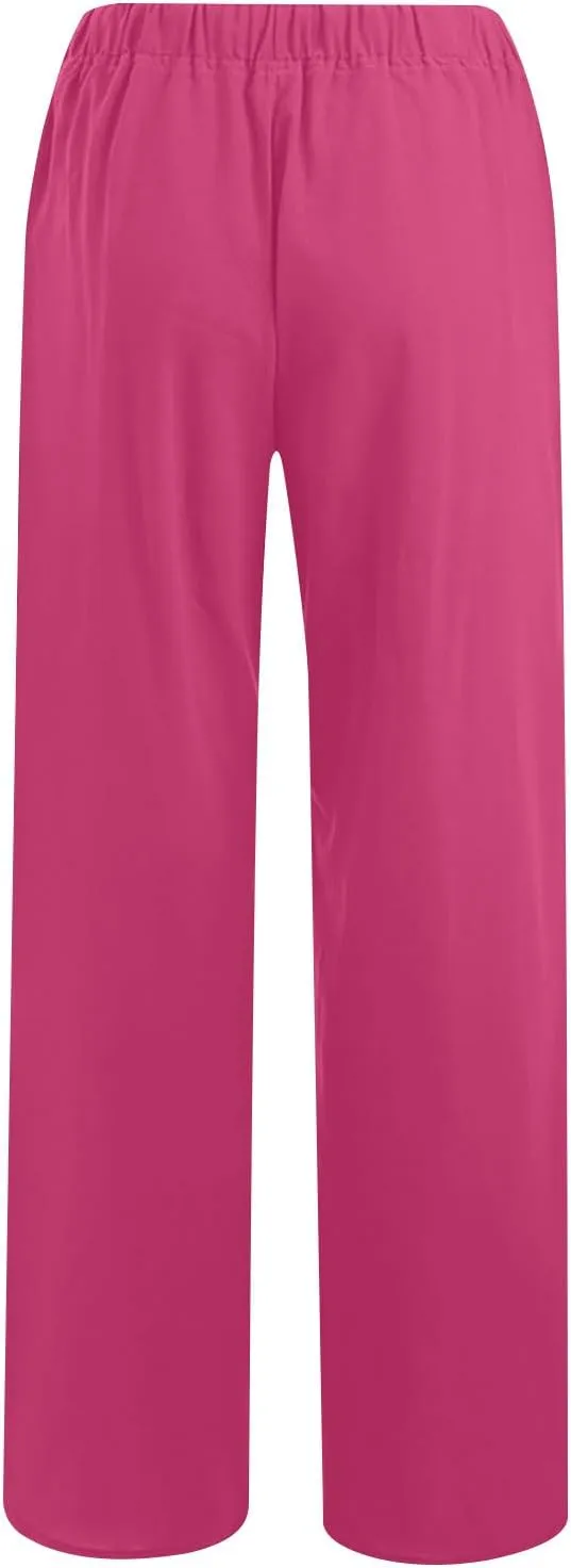 Women's Summer Linen Pants Casual Beach Drawstring Waist Wide Leg Trouser with Pocket Loose Cotton Linen Palazzo Pant