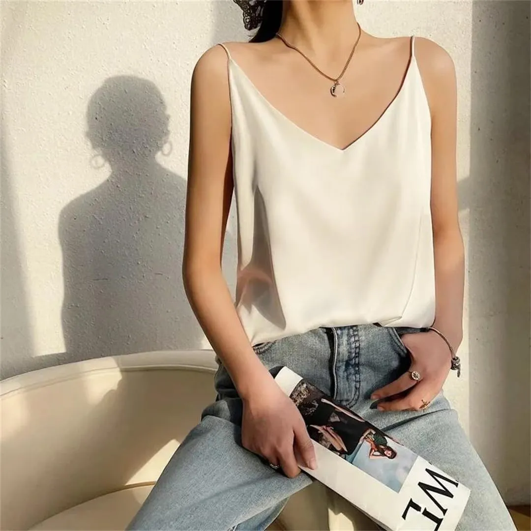 Women's Summer Slim V-Neck Short Temperament Inner Top One-Shoulder Camisole