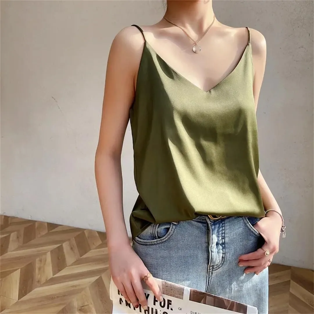 Women's Summer Slim V-Neck Short Temperament Inner Top One-Shoulder Camisole