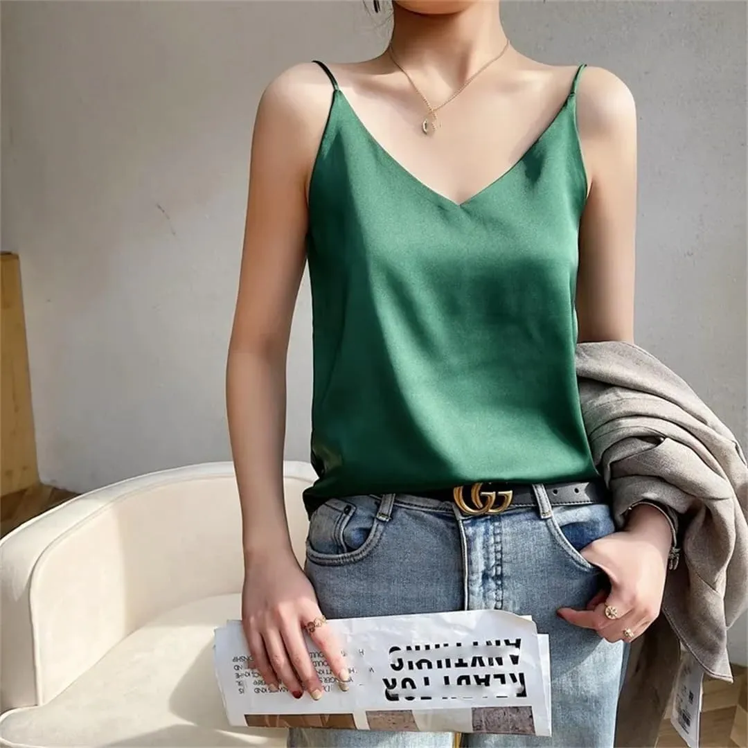 Women's Summer Slim V-Neck Short Temperament Inner Top One-Shoulder Camisole
